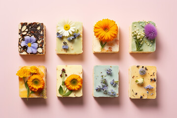 slices of cake decorated with wild flowers top view flat lay on pastel background, AI generated