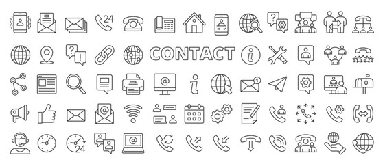 Contact icons set in line design. Phone, Email, Message, Call, Chat, Suppor, Communication vector, Customer service, Contact formillustrations. Contact icons vector editable stroke.