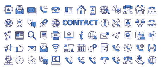Contact icons set in line design blue. Phone, Email, Message, Call, Chat, Suppor, Communication vector, Customer service, Contact formillustrations. Contact icons vector editable stroke.