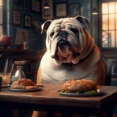 Realistic hungry bulldog is going to eat hamburger in street bistro - 621950303