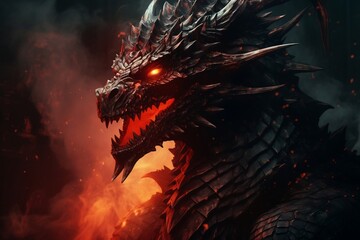 A formidable red dragon, with its giant form, exhaling fire against a dark backdrop, Generative Ai