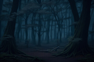 Fototapeta na wymiar Fantasy landscape and scenery idea. Mystic dark forest. Concept art. Artwork and design. Matte painting. Background drawing and illustration.