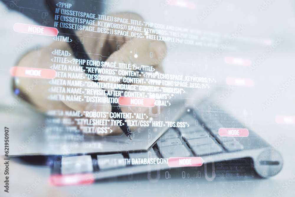 Poster double exposure of abstract programming language with hand writing in notebook on background with la