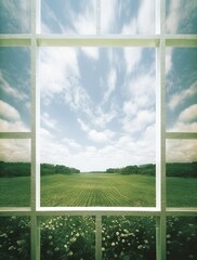 Modern residential window and trees and sky behind. Created with Generative AI technology.