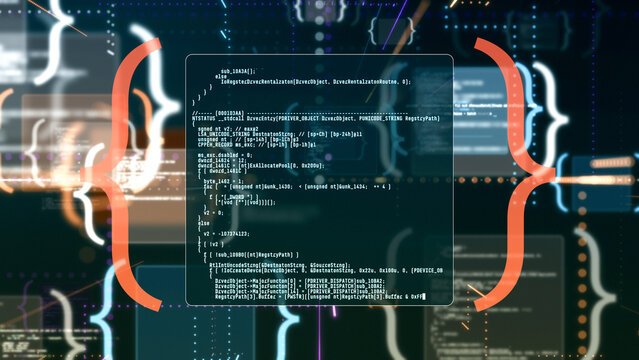 web software development concept, curly brackets with abstract programming code, internet technology concept (3d render)