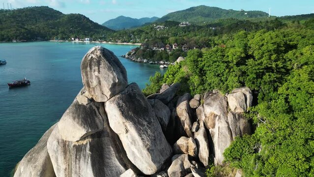 Aerial view of Chalok Baan Kao bay granite coast line on the island of Ko Tao, Thailand.