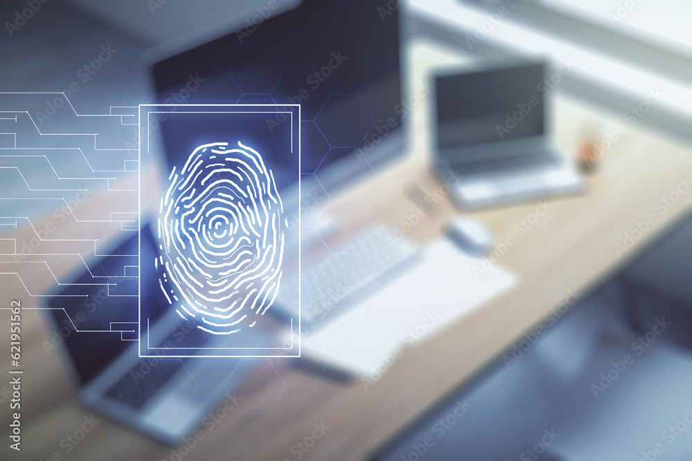 Aufkleber Multi exposure of abstract fingerprint scan interface and modern desk with computer on background, digital access concept