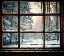 View through the window of a cottage into a snow-covered winter forest. Created with Generative AI technology.