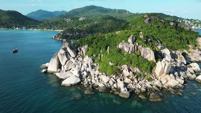 Aerial view of Chalok Baan Kao bay granite coast line on the island of Ko Tao, Thailand.