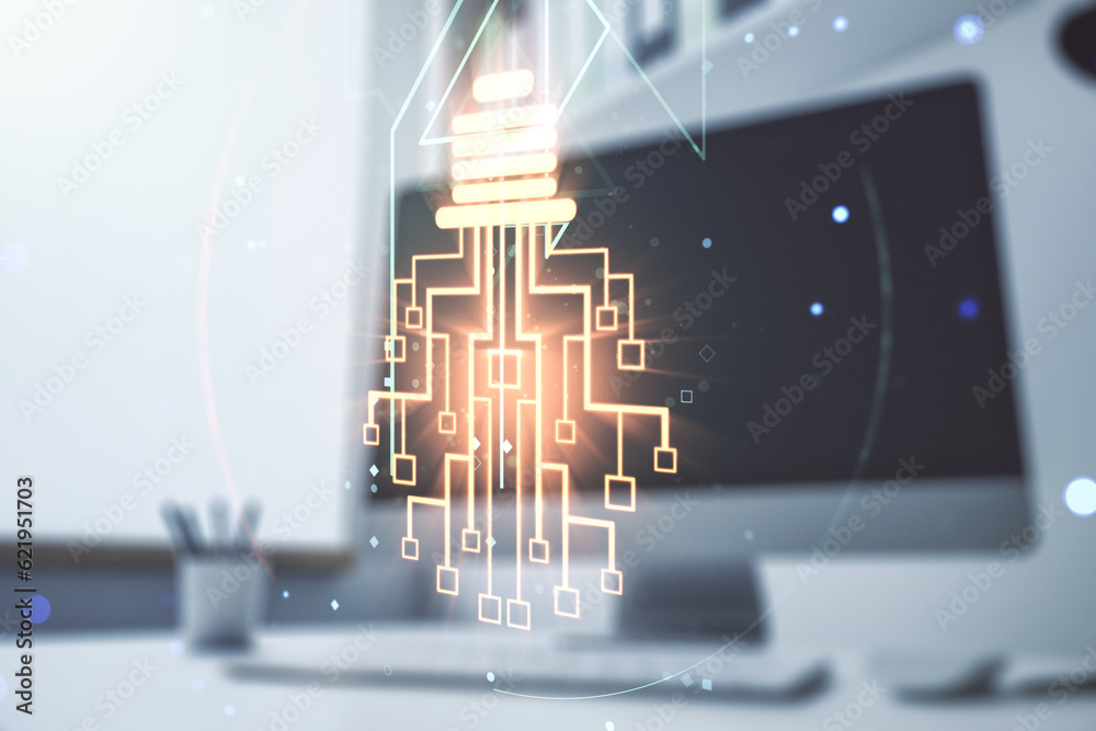 Poster creative light bulb illustration with microcircuit and modern desktop with pc on background, future 