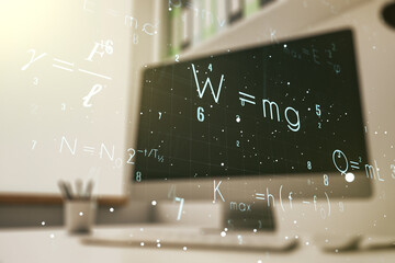 Creative scientific formula hologram and modern desk with computer on background, research concept. Multiexposure