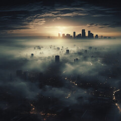 sunset over the city, fog casting over city, AI generated 