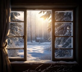 View through the window of a cottage into a snow-covered winter forest. Created with Generative AI technology.