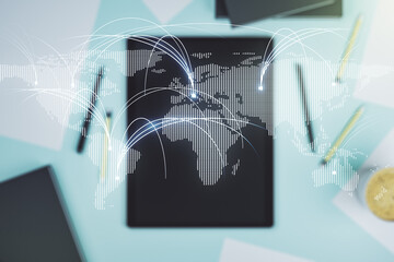 Double exposure of abstract digital world map with connections and digital tablet on background, top view, research and strategy concept