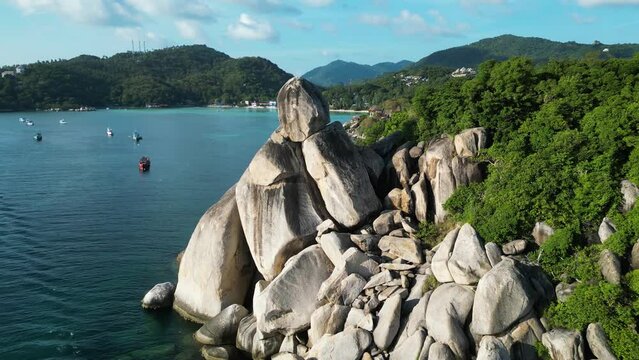 Aerial view of Chalok Baan Kao bay granite coast line on the island of Ko Tao, Thailand.