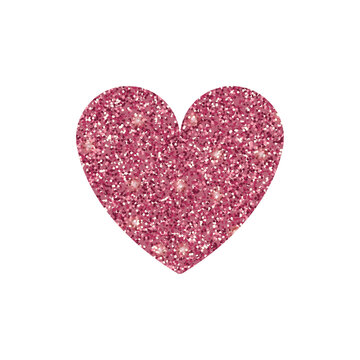 Pink glitter heart shape design element. Sparkle bright love icon in pink glitter texture illustration isolated on white background. Vector 