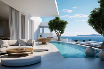 Fototapeta premium Luxury hotel resort with swimming pool. Lounge zone in villa with modern exterior made of white stone. Created with Generative AI