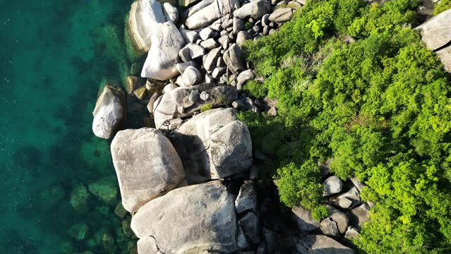 Aerial view of Chalok Baan Kao bay granite coast line on the island of Ko Tao, Thailand.