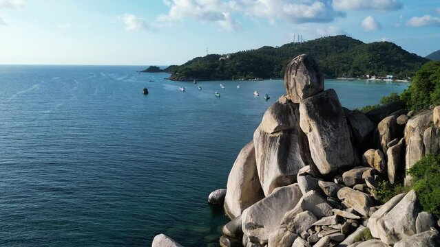 Aerial view of Chalok Baan Kao bay granite coast line on the island of Ko Tao, Thailand.