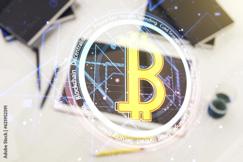 Aufkleber double exposure of creative bitcoin symbol hologram and modern digital tablet on background. mining 