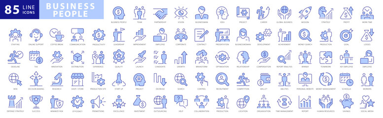 Business people line icons set. Business and Teamwork elements outline icons collection. Leadership, Teamwork, Career, Partnership, Goal, Meeting, Solution - stock vector people adobe coloured - obrazy, fototapety, plakaty