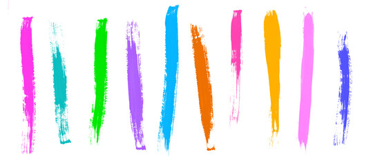 Set of Colorful Grunge Lines.  Freehand Multicolor Brush Stripes. Hand Drawn Smuges of Irregular Shape. No Background. Irregular Abstract Elements. Simple Pink, Blue, Orange and Green Rough Stripes. 