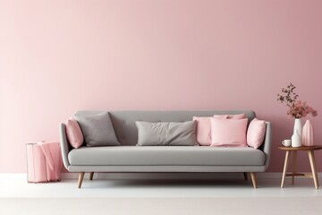 Harmony in Contrast Grey Sofa with Cushions Near Pink Wall. Generative AI