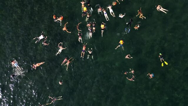 Aerial view of person snorkeling and swimming in transparent sea on Sairee beach on Ko Tao island, Thailand.