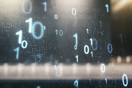 Abstract virtual binary code sketch on contemporary business center exterior background, hacking and matrix concept. Multiexposure