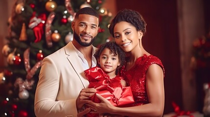 portrait black happy family with christmas outfit holding red gift box with a defocused christmas tree background