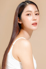 Young Asian beauty woman model long hair with korean makeup style on face and perfect skin on...