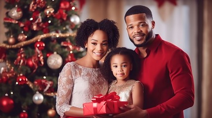 Fototapeta na wymiar portrait black happy family with christmas outfit holding red gift box with a defocused christmas tree background