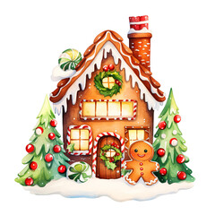 Watercolor Gingerbread House Christmas Cookie Clipart isolated on Transparent Background.