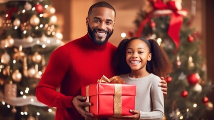 Fototapeta na wymiar portrait black happy family with christmas outfit holding red gift box with a defocused christmas tree background
