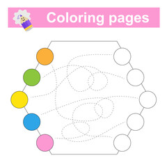 Educational game for children. Handwriting practice. Go through the maze and color an empty circle with the appropriate color.