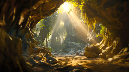 Sunlit mysterious cave in the forest background