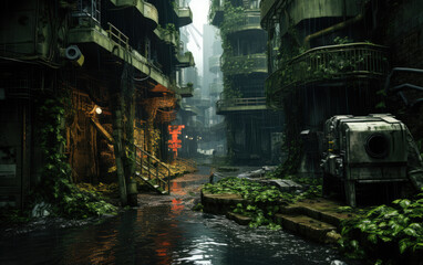 A cyberpunk industrialcore jungle buildings.