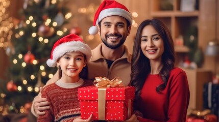 Obraz na płótnie Canvas portrait happy family with christmas outfit holding red gift box with a defocused christmas tree background