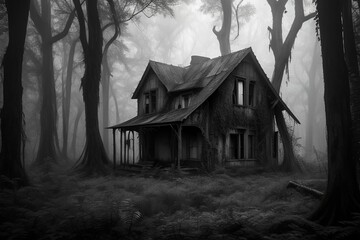 Abandoned House in Misty Forest - Generative AI