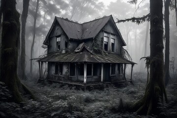 Fototapeta na wymiar Abandoned House in Misty Forest - Generative AI
