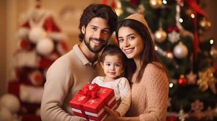Obraz na płótnie Canvas portrait happy family with christmas outfit holding red gift box with a defocused christmas tree background