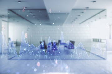 Abstract virtual stats data hologram on a modern furnished office background. Multiexposure
