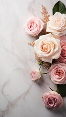 A sophisticated top view composition of a marble tabletop adorned with a beautifully arranged bouquet of blush-toned roses and gilded accents, offering a luxurious and elegant backdrop. Generative AI.