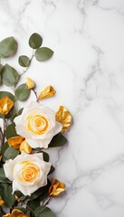 A tasteful arrangement of golden roses and foliage on a white marble surface, elegantly styled from a top view perspective, providing a luxurious and romantic backdrop for your text. Generative AI. 