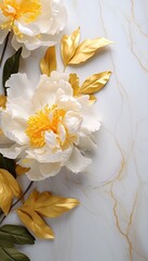 An elegant wedding arrangement of golden peonies and leaves on a marble surface captured from a top view perspective, offering a luxurious and stylish backdrop, space for text. Generative AI.