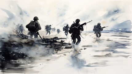 World war II battle scene illustration. AI Generative Art.