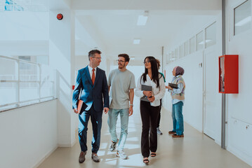 The director conducts a conversation with the secretary and a young programmer in a modern and spacious corridor of a large company, discussing various business topics and projects.