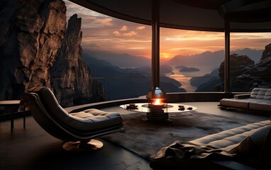 Modern interior with the view of the sunset over the mountains and river. 