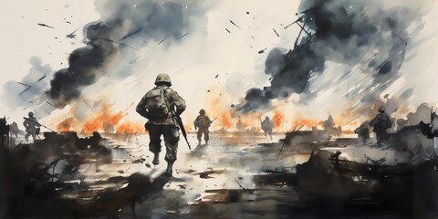 Obraz premium World war II battle scene illustration. AI Generative Art.
