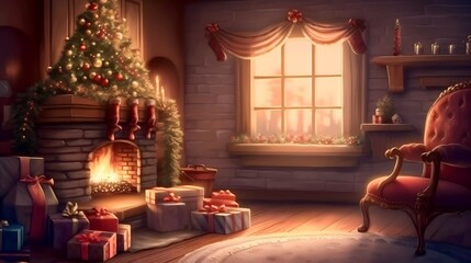 warm and cozy home interior with Christmas decorations, such as a fireplace, stockings and a Christmas tree